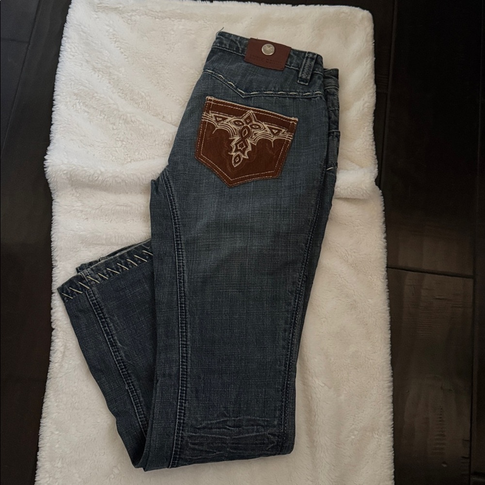 Vintage Antik Embroidered Blue Jeans with Brown Pocket Size 29